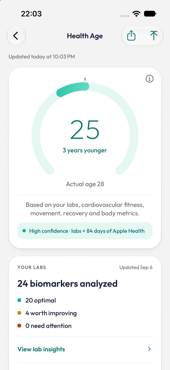 Health Age screen: an estimate based on labs and 84 days of Apple Health, with 24 biomarkers analysed.